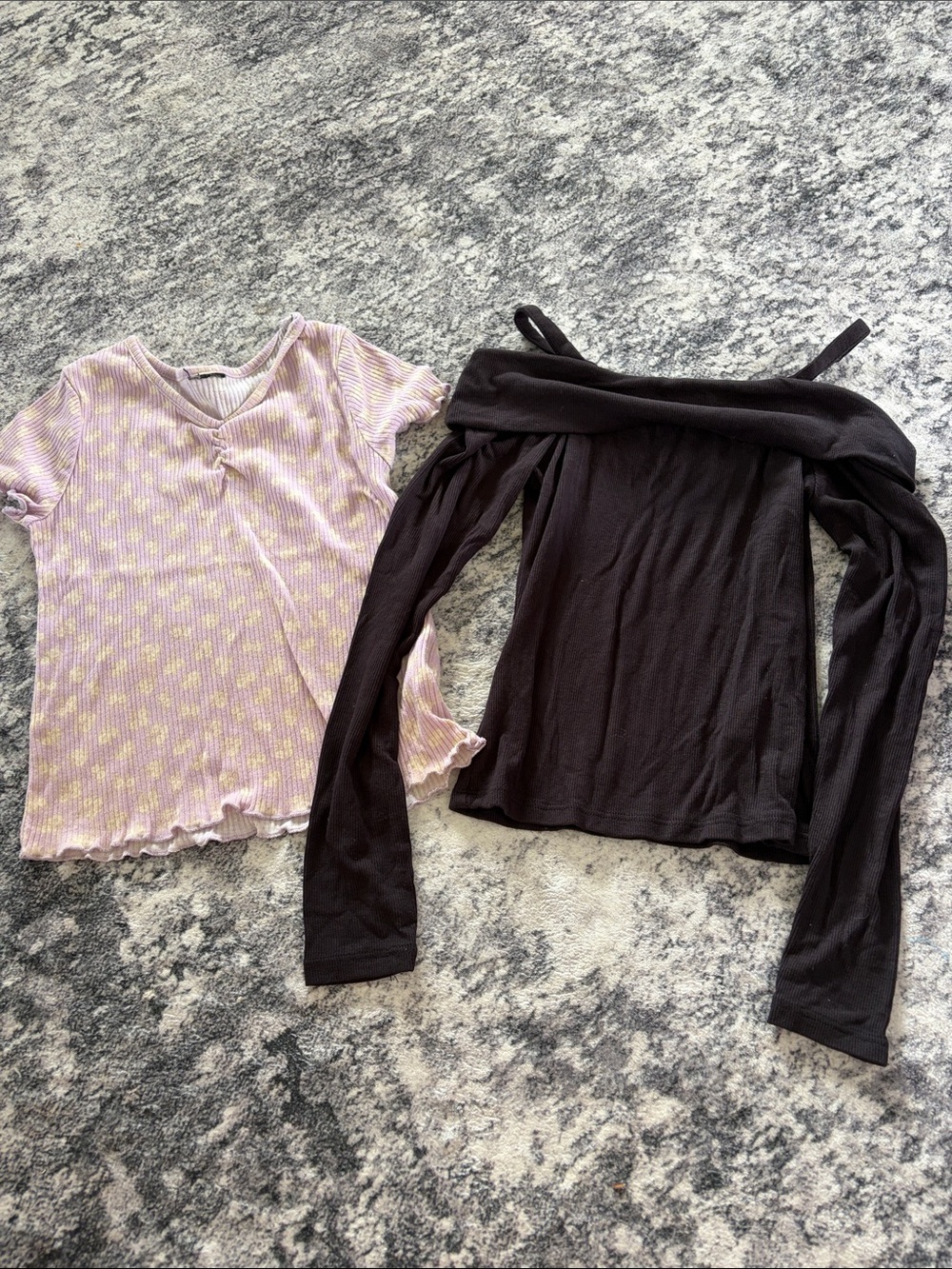 Lavender Ribbed Short Sleeve Top & Black Off-Shoulder Long Sleeve Top